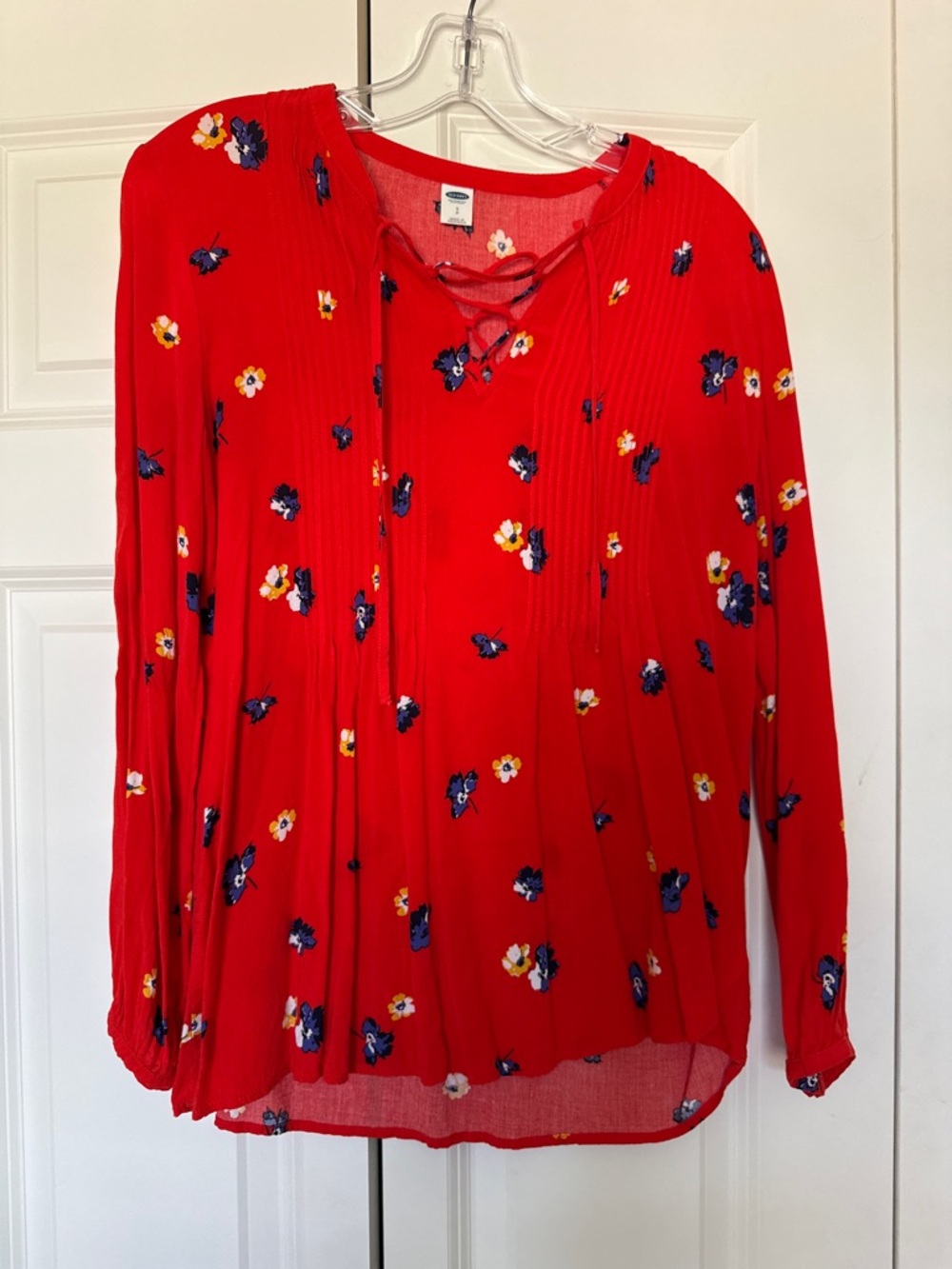 Old Navy Red Floral Lace-Up Peasant Tunic